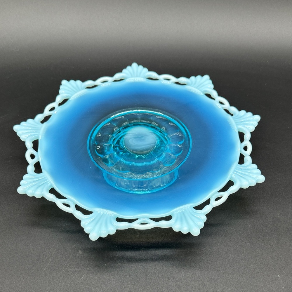Fenton Blue Opalescent Lace Cake Stand 11” Wide Vintage